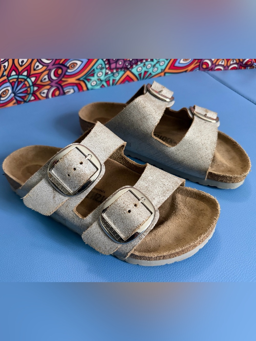 Birkenstock Arizona Silver Big Buckle Sandals, Washed Metallic Blue